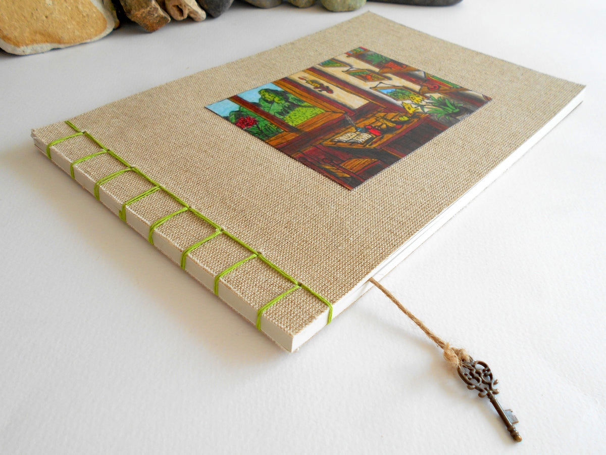 Art sketchbook with fabric soft covers- Hemp stab binding- 100% recycled pages- eco-friendly fabric journal with cottage art- personalised journal with a bookmark