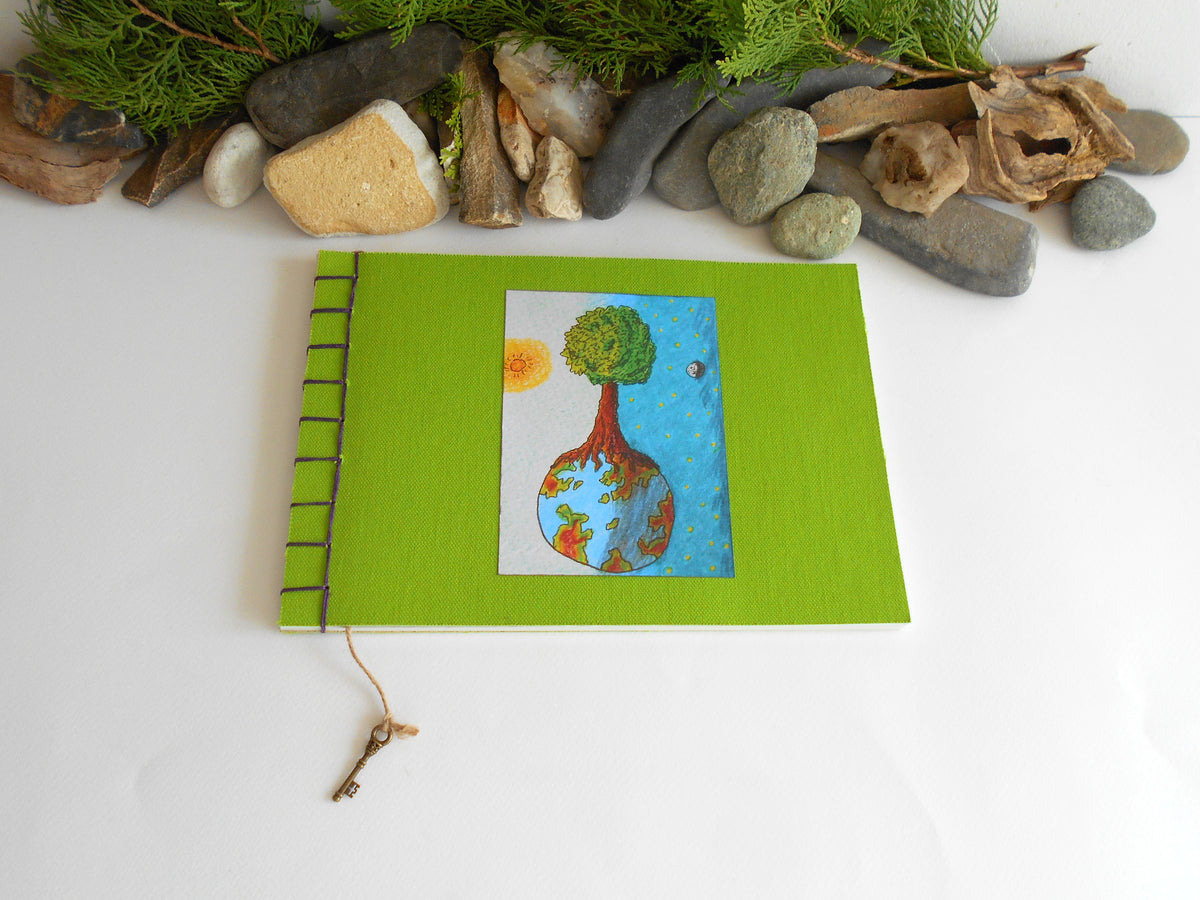 Art sketchbook with fabric soft covers- Hemp stab binding- 100% recycled pages- eco-friendly fabric journal with inspirational abstract art- planet and tree art journal with a bookmark