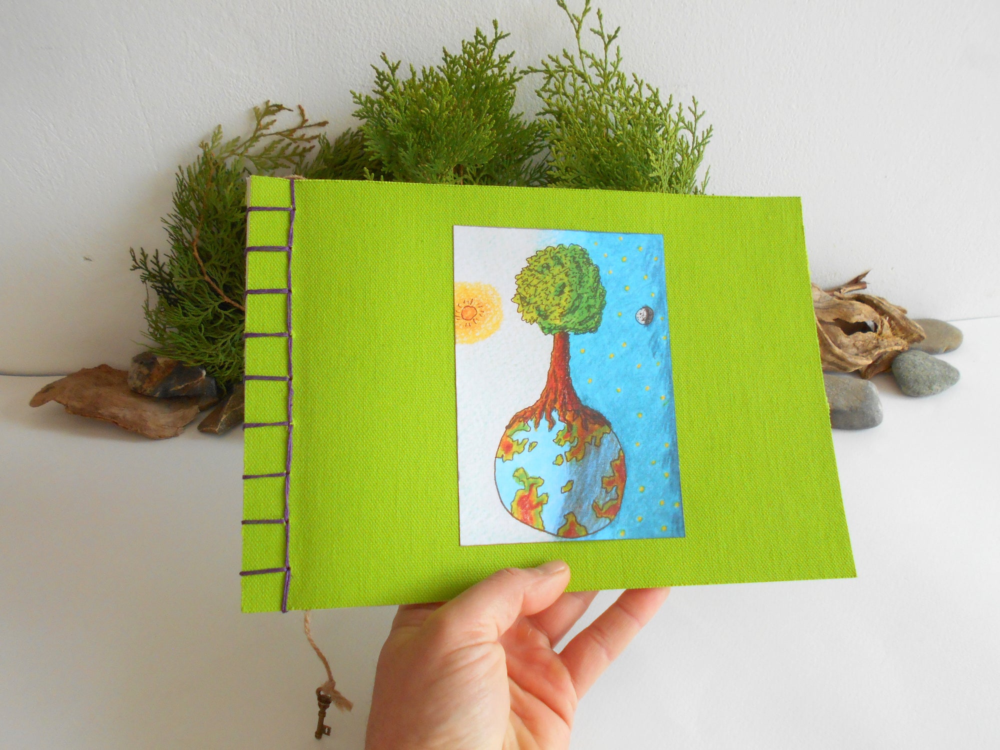 Art sketchbook with fabric soft covers- Hemp stab binding- 100% recycled pages- eco-friendly fabric journal with inspirational abstract art- planet and tree art journal with a bookmark
