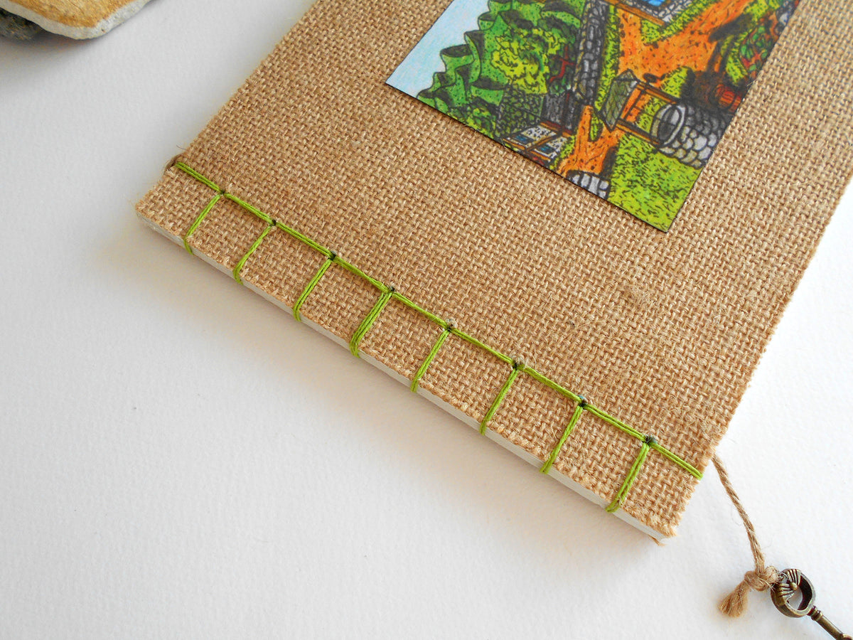 Art sketchbook with fabric soft covers- Hemp stab binding- 100% recycled pages- eco-friendly fabric journal with cottage art- personalised journal with a bookmark