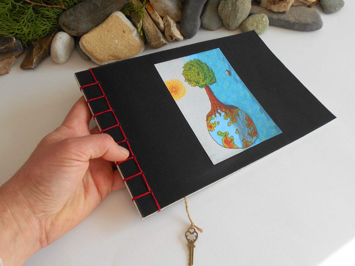 Art sketchbook with black fabric soft covers- Hemp stab binding- 100% recycled pages- eco-friendly fabric journal with cottage art- black personalised journal