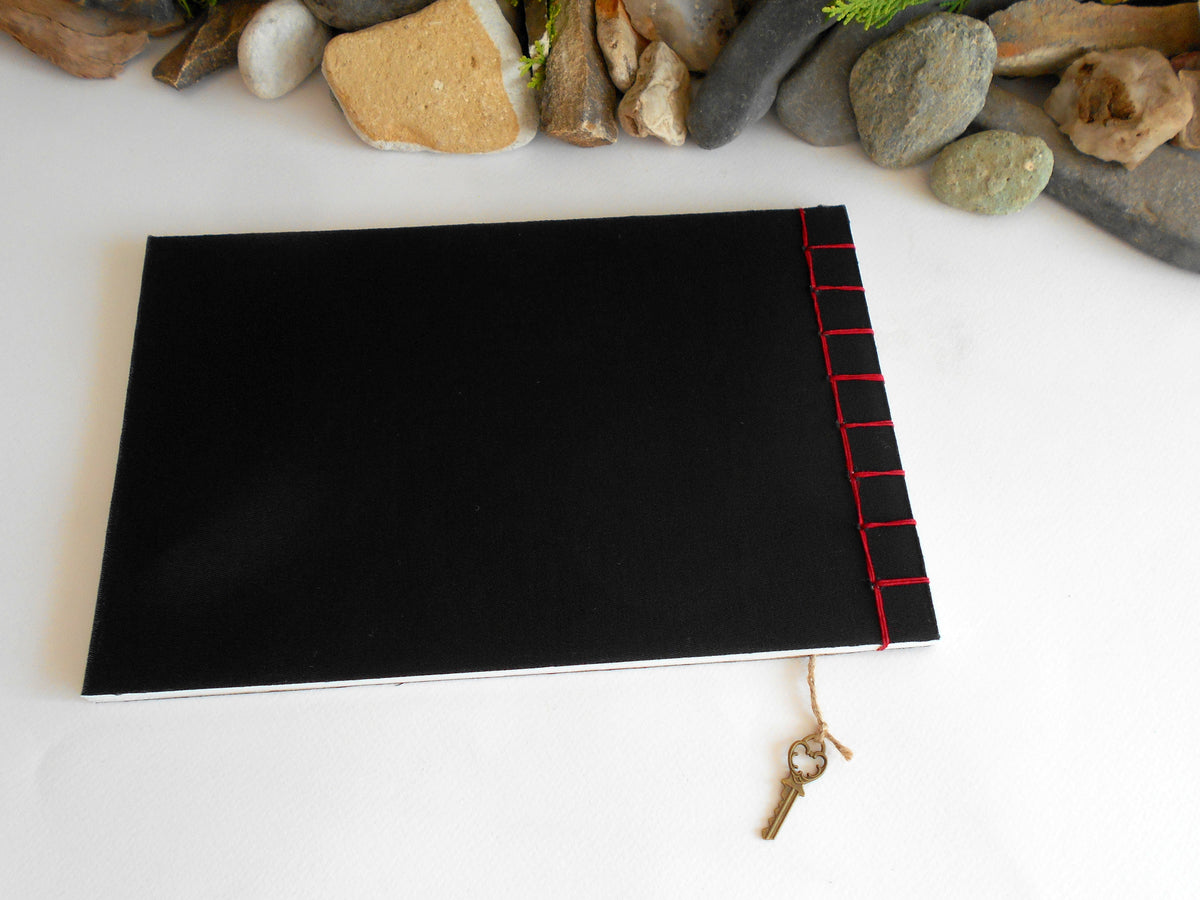 Art sketchbook with black fabric soft covers- Hemp stab binding- 100% recycled pages- eco-friendly fabric journal with cottage art- black personalised journal