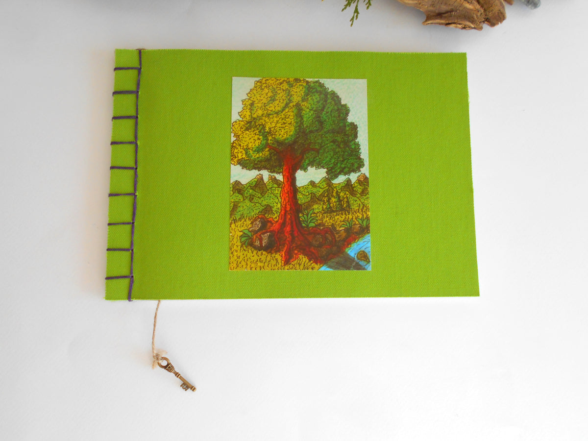 Art sketchbook with green fabric soft covers- Hemp stab binding- 100% recycled pages- eco-friendly journal with inspirational art- tree art journal