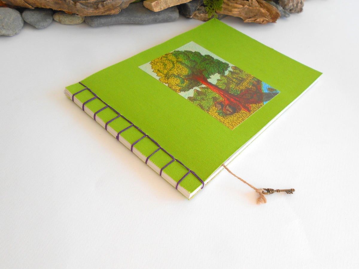 Art sketchbook with green fabric soft covers- Hemp stab binding- 100% recycled pages- eco-friendly journal with inspirational art- tree art journal