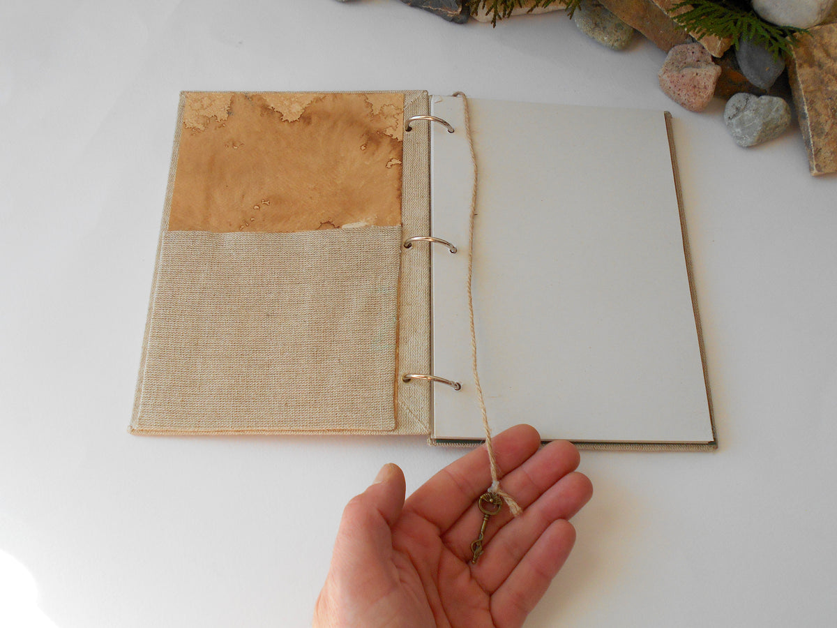 Handmade refillable fabric journal with a Tree Art on the cover and a pocket on the inside- 100% recycled pages- 54 lbs.- 80 gsm