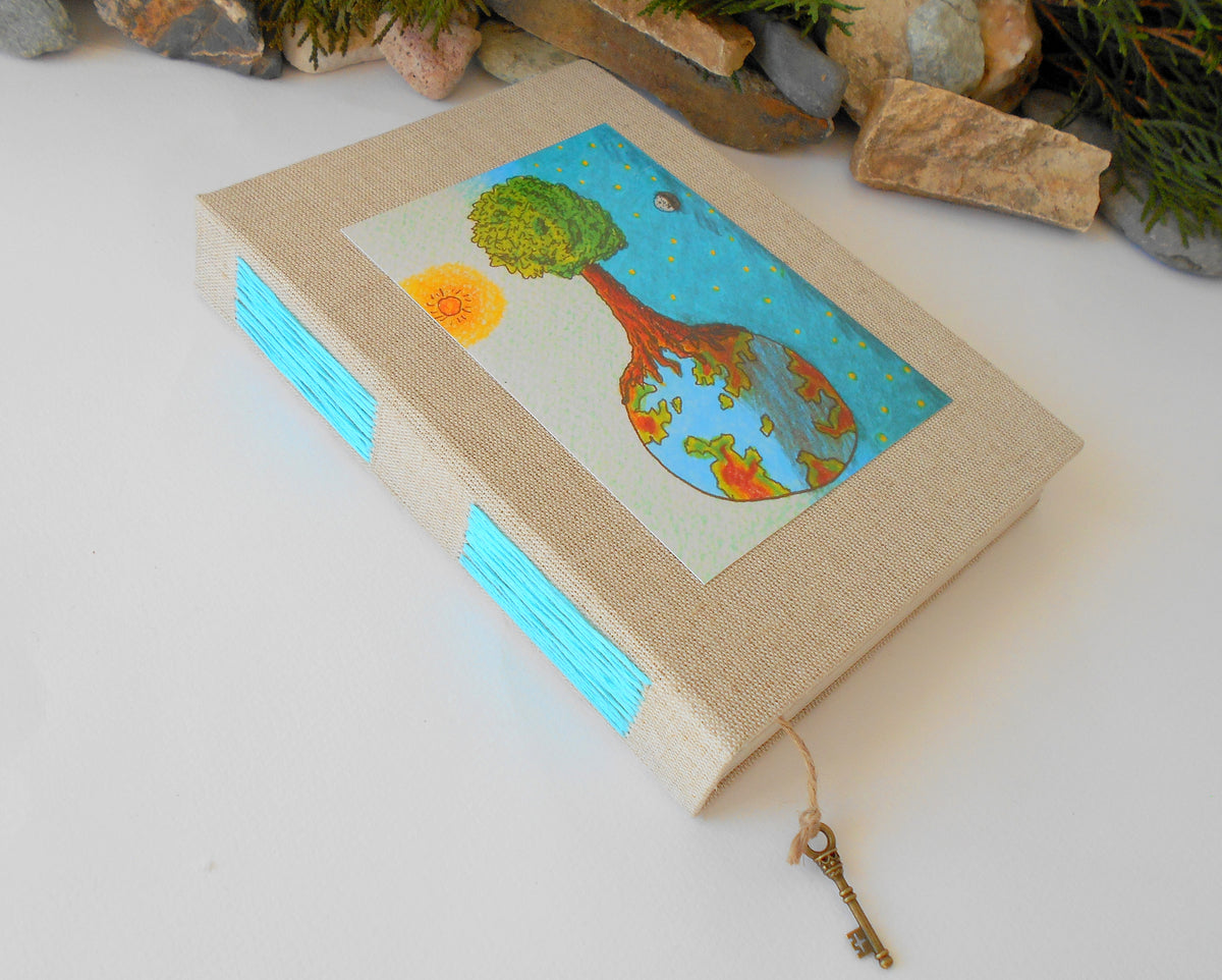 Handmade linen fabric journal with 100% recycled pages and art print &#39;Day and Night&#39;- customised sketchbook journal- inspirational blank book