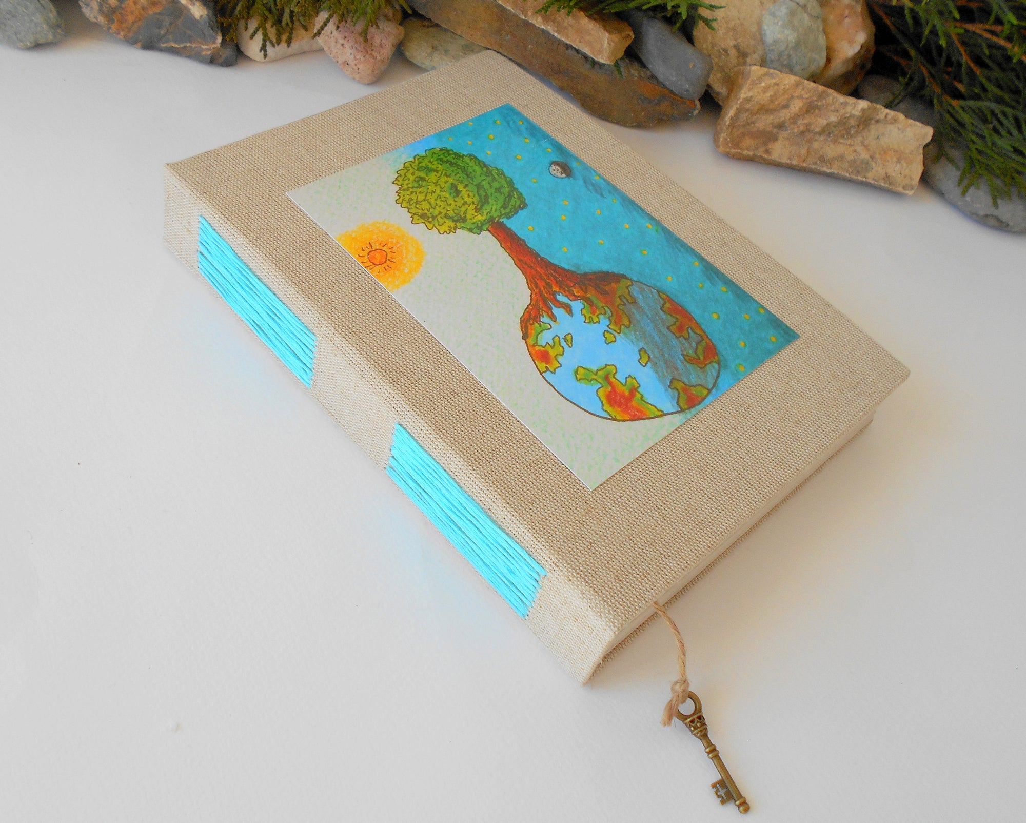 Handmade linen fabric journal with 100% recycled pages and art print 'Day and Night'- customised sketchbook journal- inspirational blank book