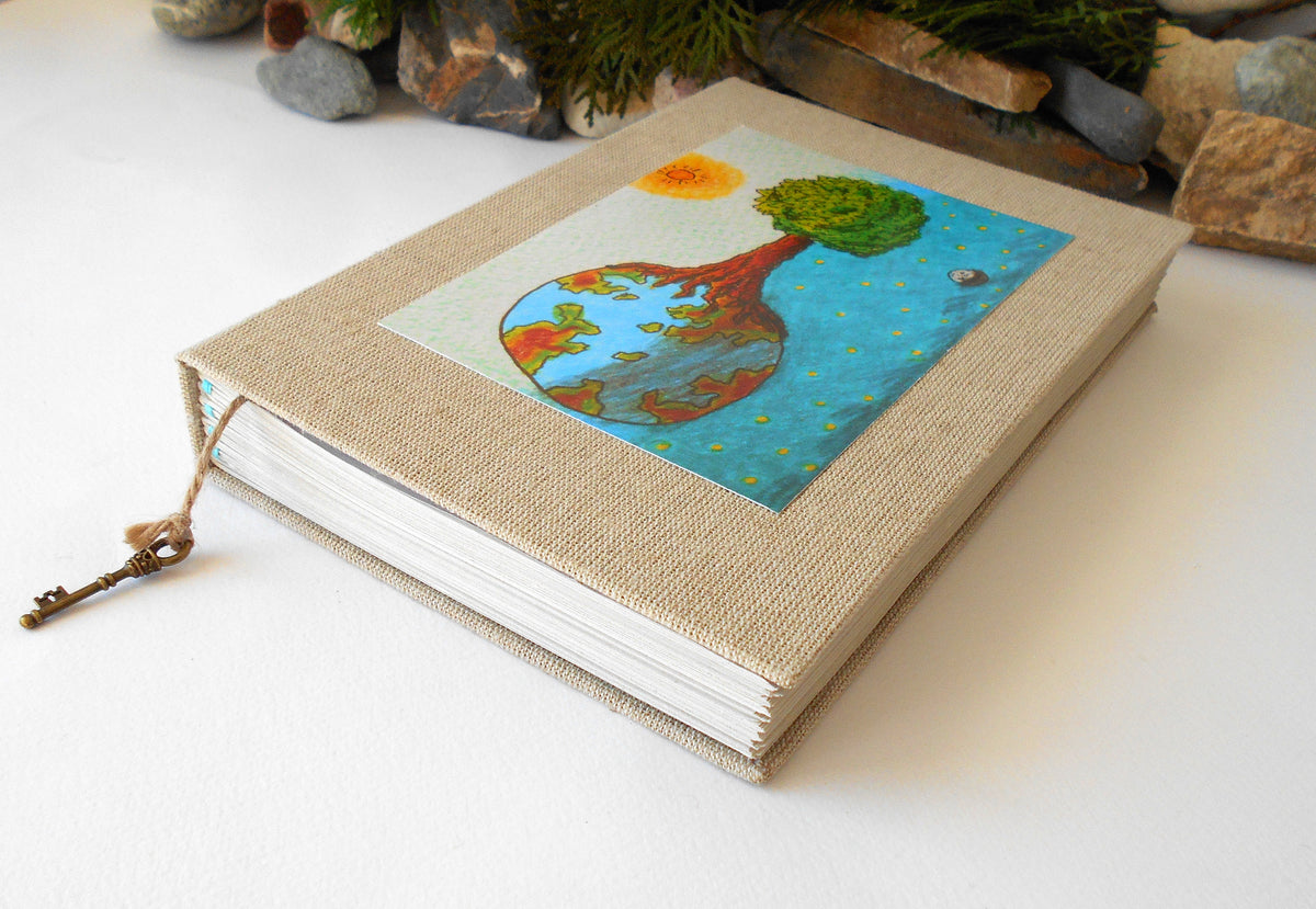 Handmade linen fabric journal with 100% recycled pages and art print &#39;Day and Night&#39;- customised sketchbook journal- inspirational blank book