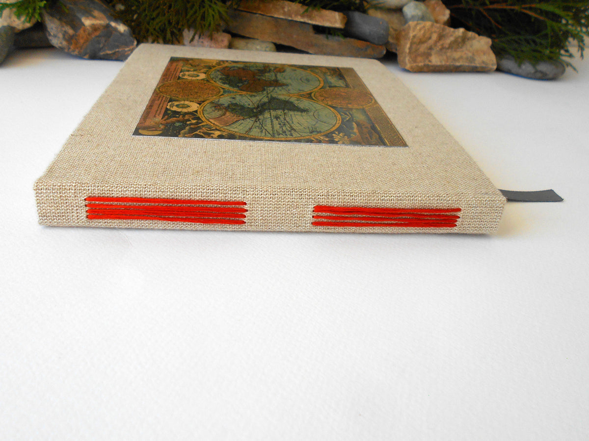 World map travel sketchbook- Antique map sketchbook- hardcovers and 100% recycled pages- custom burlap journal- eco-friendly gift