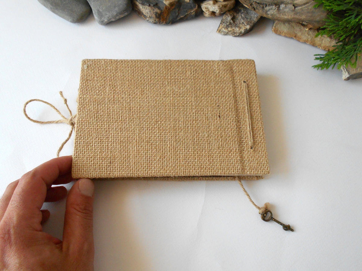 Burlap art sketchbook with hardcover and a castle and nature print- rustic fabric journal- coffee 100% recycled pages- eco-friendly refillable sketchbook
