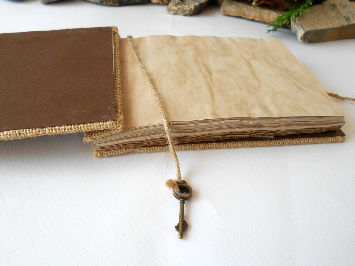 Burlap sketchbook with hardcover- rustic fabric journal- coffee 100% recycled pages- eco-friendly refillable sketchbook