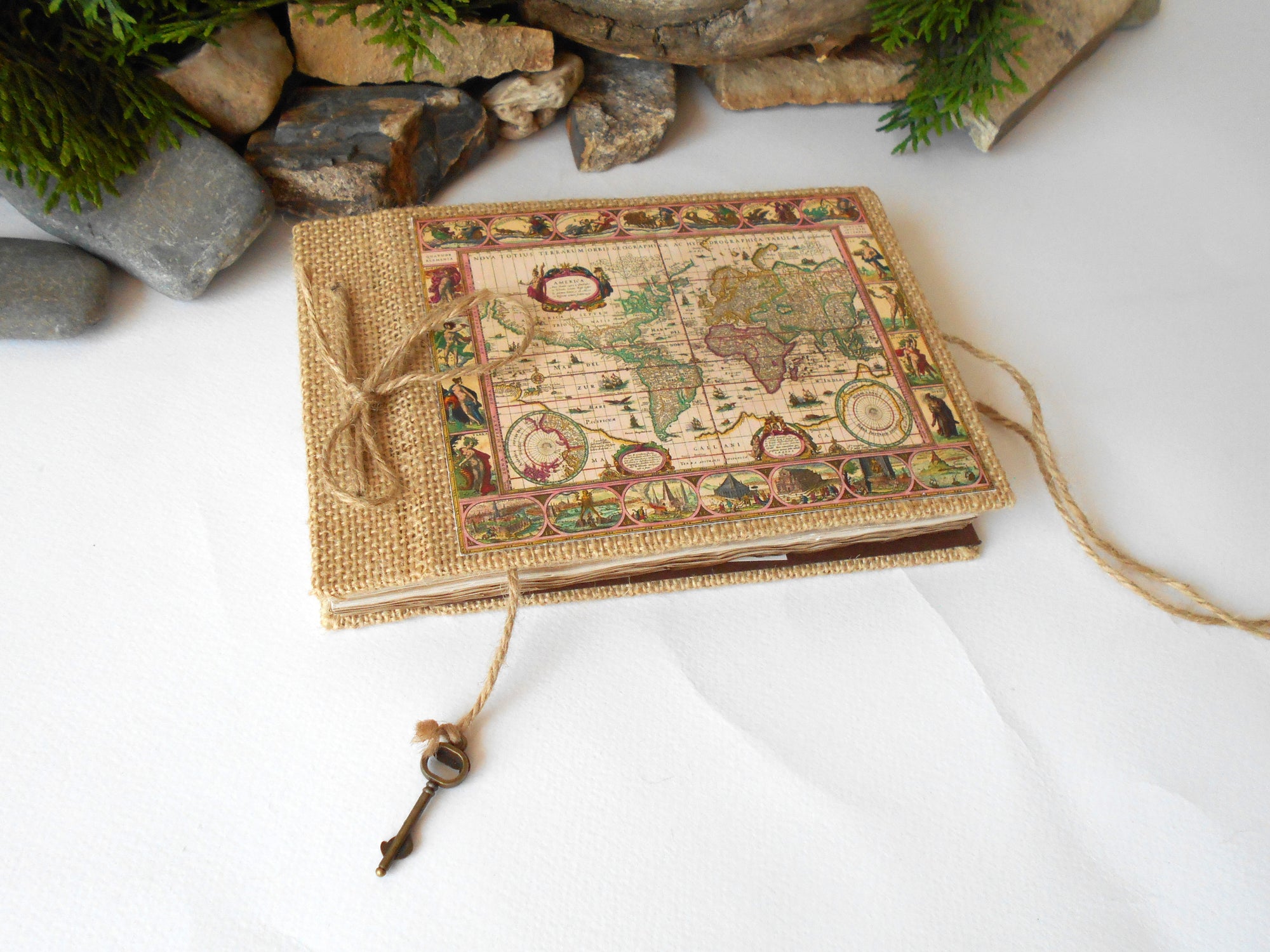 Burlap sketchbook with hardcover and a world map- rustic fabric journal- coffee 100% recycled pages- eco-friendly refillable sketchbook