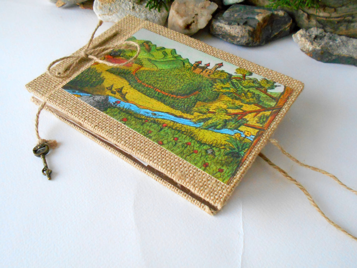 Burlap art sketchbook with hardcover and a castle and nature print- rustic fabric journal- coffee 100% recycled pages- eco-friendly refillable sketchbook