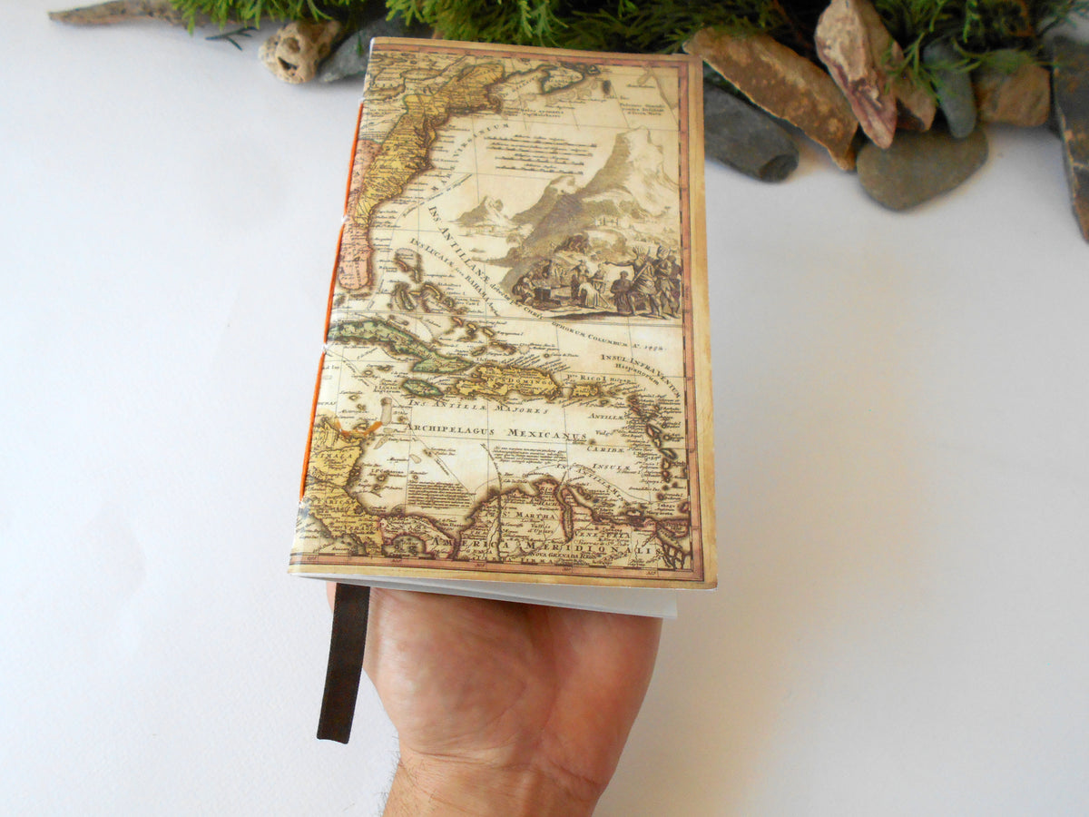 Old world map notebook journal with Hemp cords- rustic handmade journal- 100 recycled pages-writers notebook- choose hemp binding color
