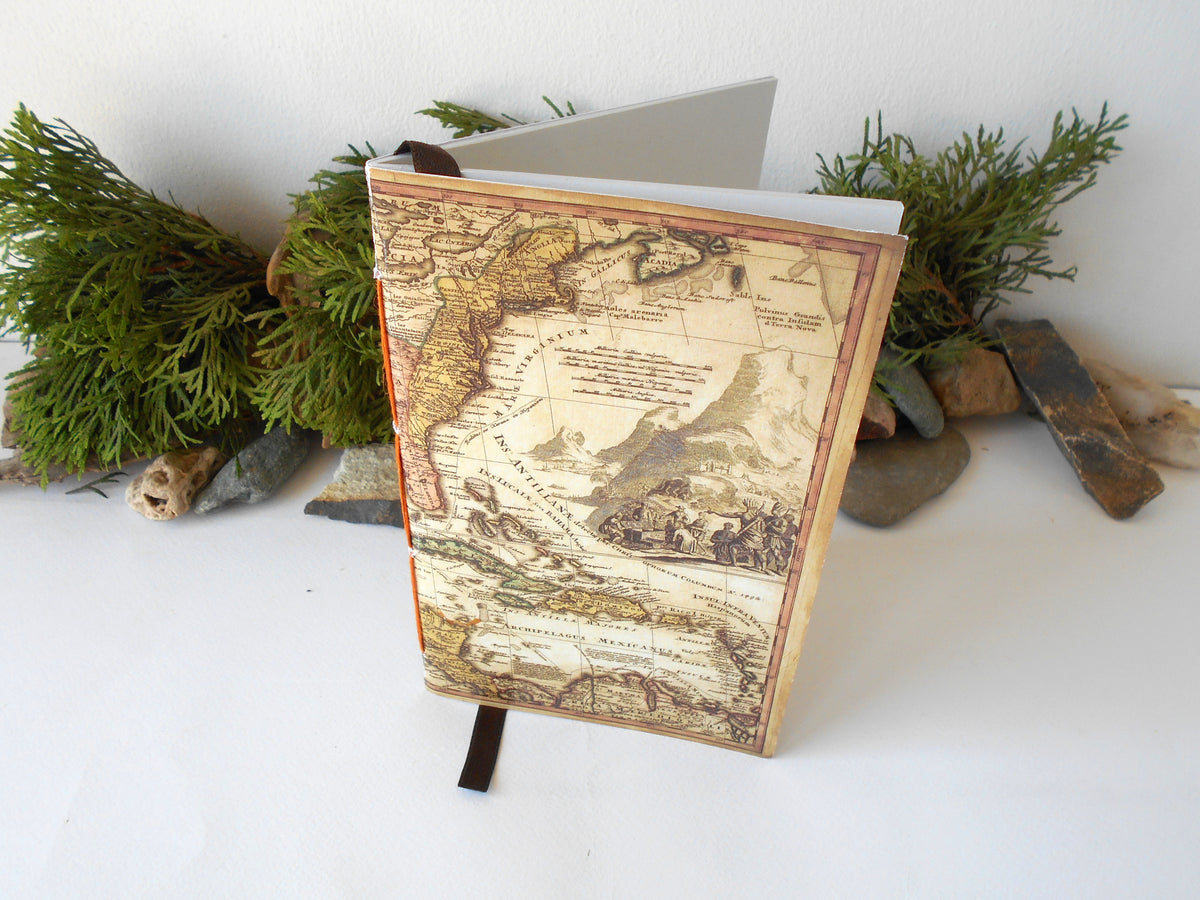 Old world map notebook journal with Hemp cords- rustic handmade journal- 100 recycled pages-writers notebook- choose hemp binding color