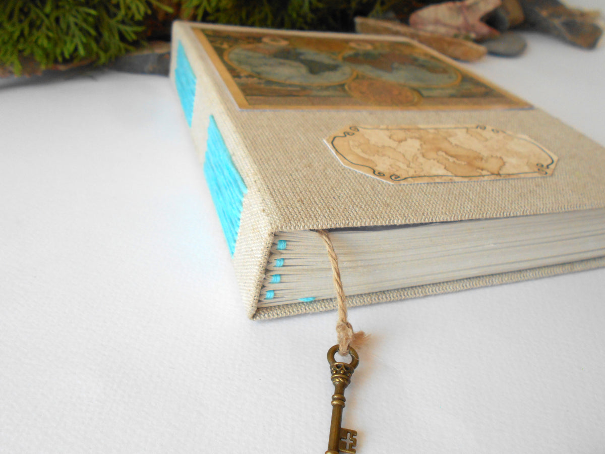 Handmade linen fabric journal with and an old world map- customised sketchbook journal-100% recycled pages