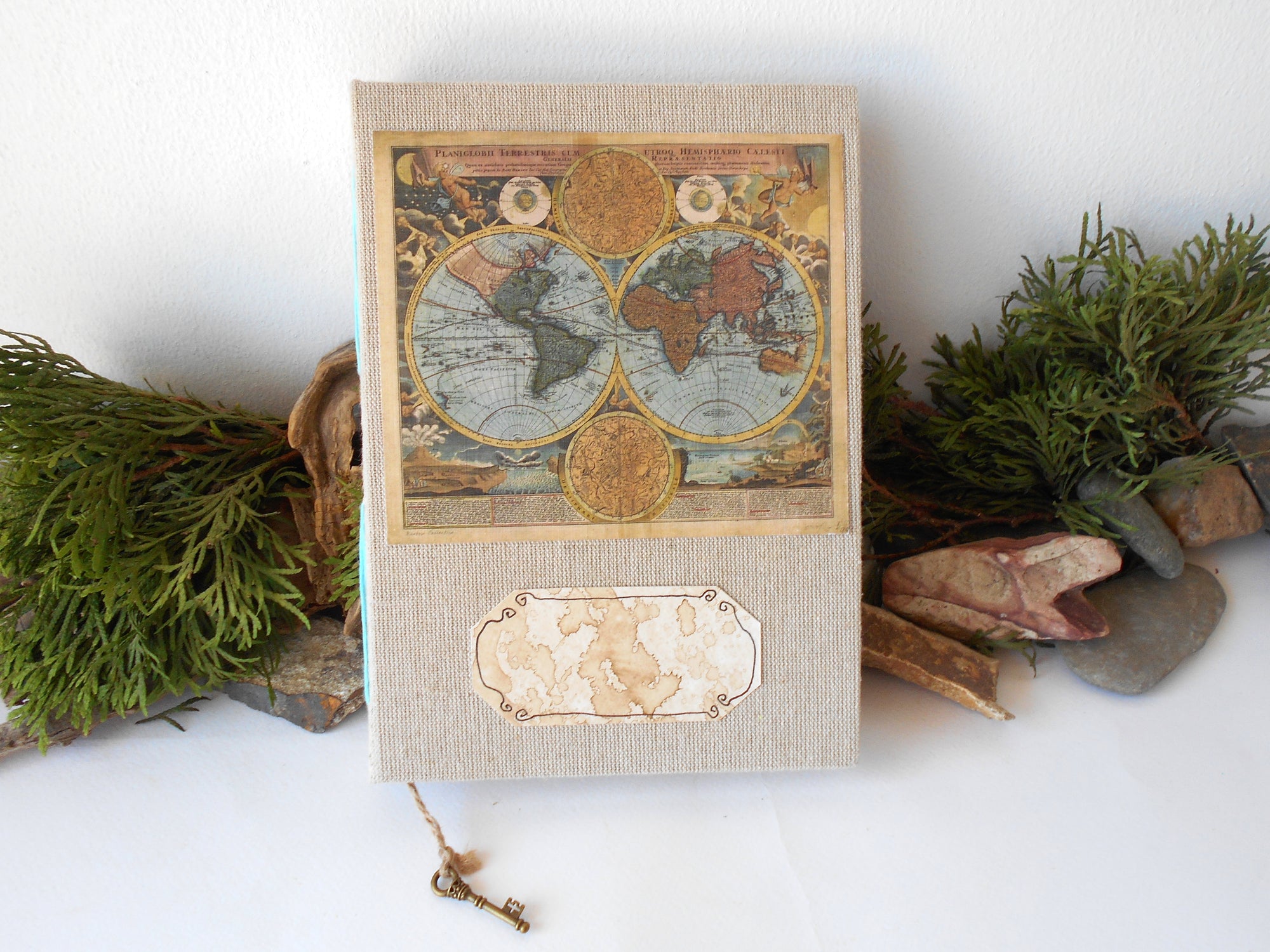 Handmade linen fabric journal with and an old world map- customised sketchbook journal-100% recycled pages