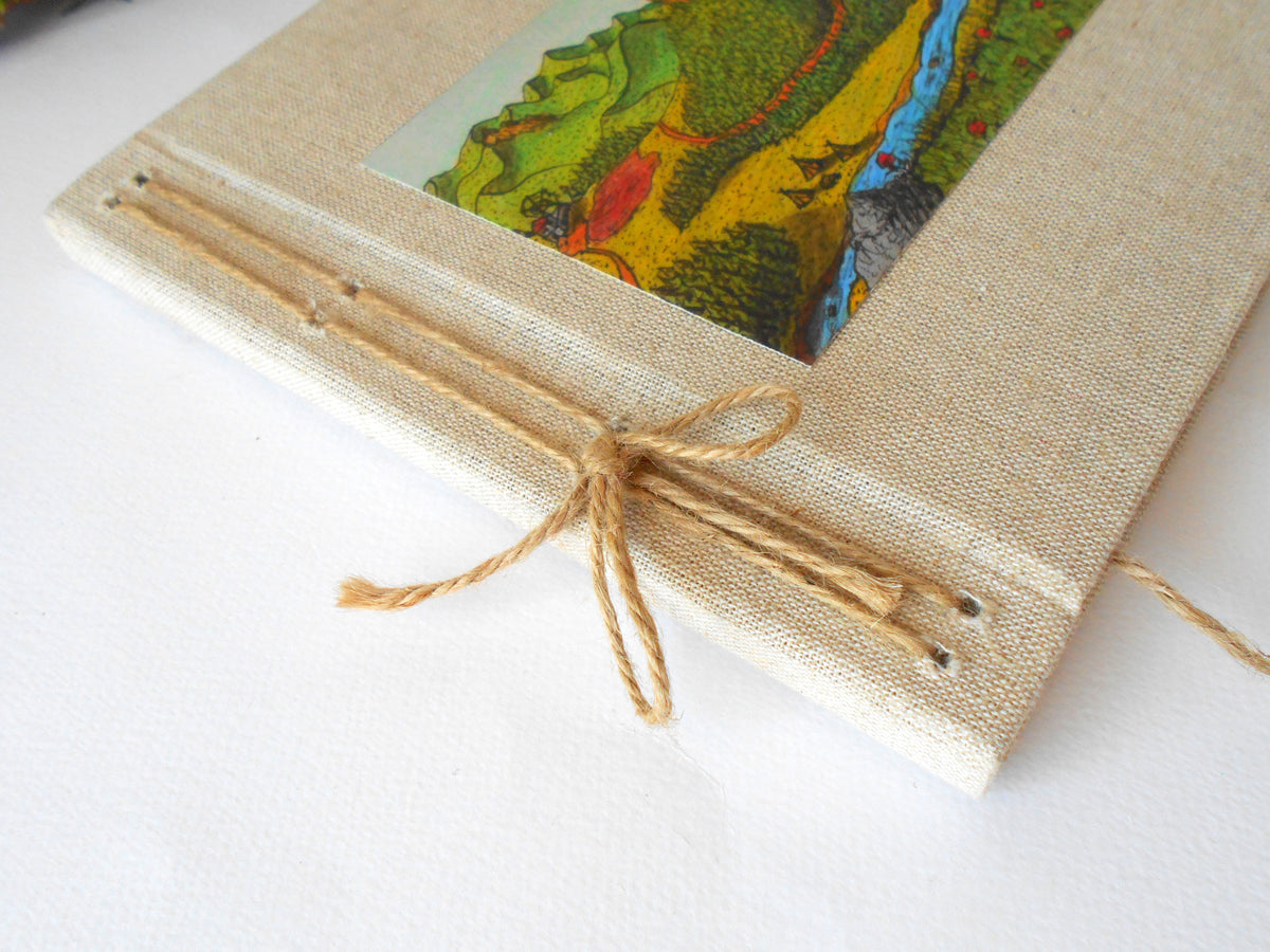 Handmade fabric sketchbook journal with a castle fantasy art- Refillable sketchbook with a pocket on the inside cover- ecofriendly blank sketchbook