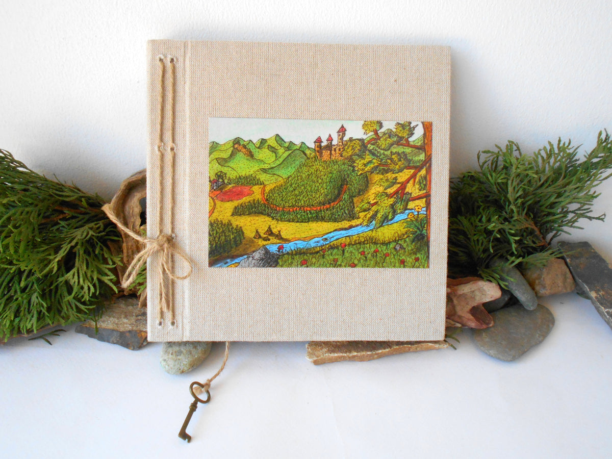 Handmade fabric sketchbook journal with a castle fantasy art- Refillable sketchbook with a pocket on the inside cover- ecofriendly blank sketchbook