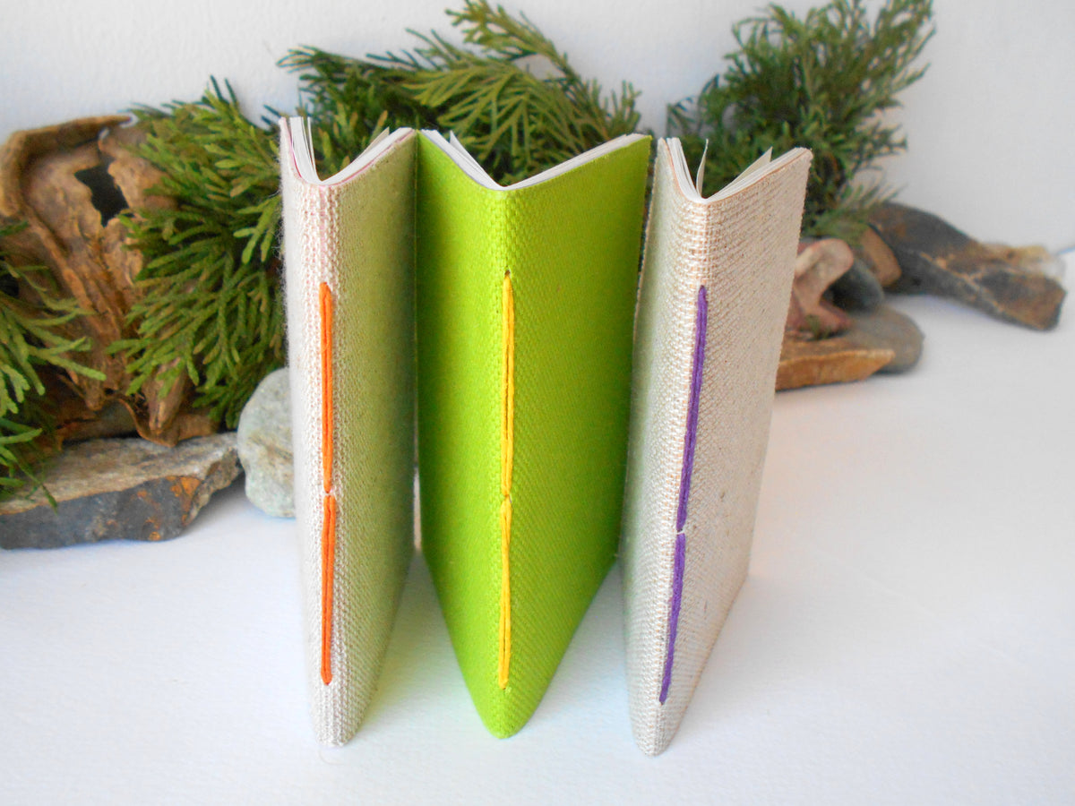 Handmade small notebook set of 3- eco-friendly linen fabrics pocket journals- Hemp cord binding and 200% recycled pages