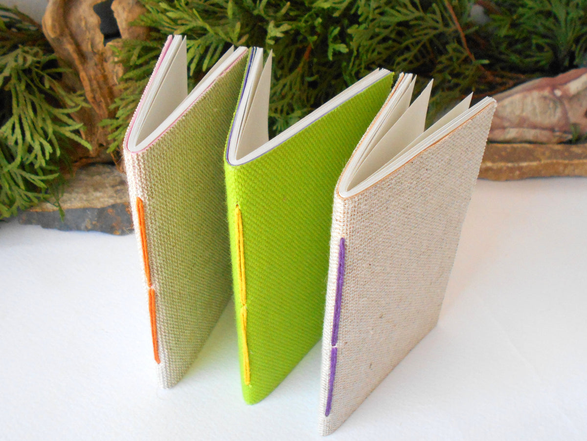 Handmade small notebook set of 3- eco-friendly linen fabrics pocket journals- Hemp cord binding and 200% recycled pages