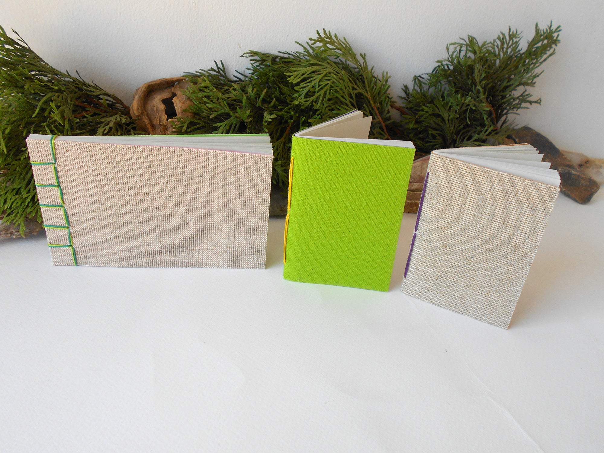 Handmade notebook set of 3 small blank books- eco-friendly linen fabrics pocket journals- Hemp cord binding and 100% recycled pages