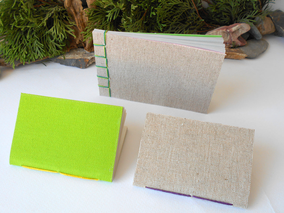 Handmade notebook set of 3 small blank books- eco-friendly linen fabrics pocket journals- Hemp cord binding and 100% recycled pages