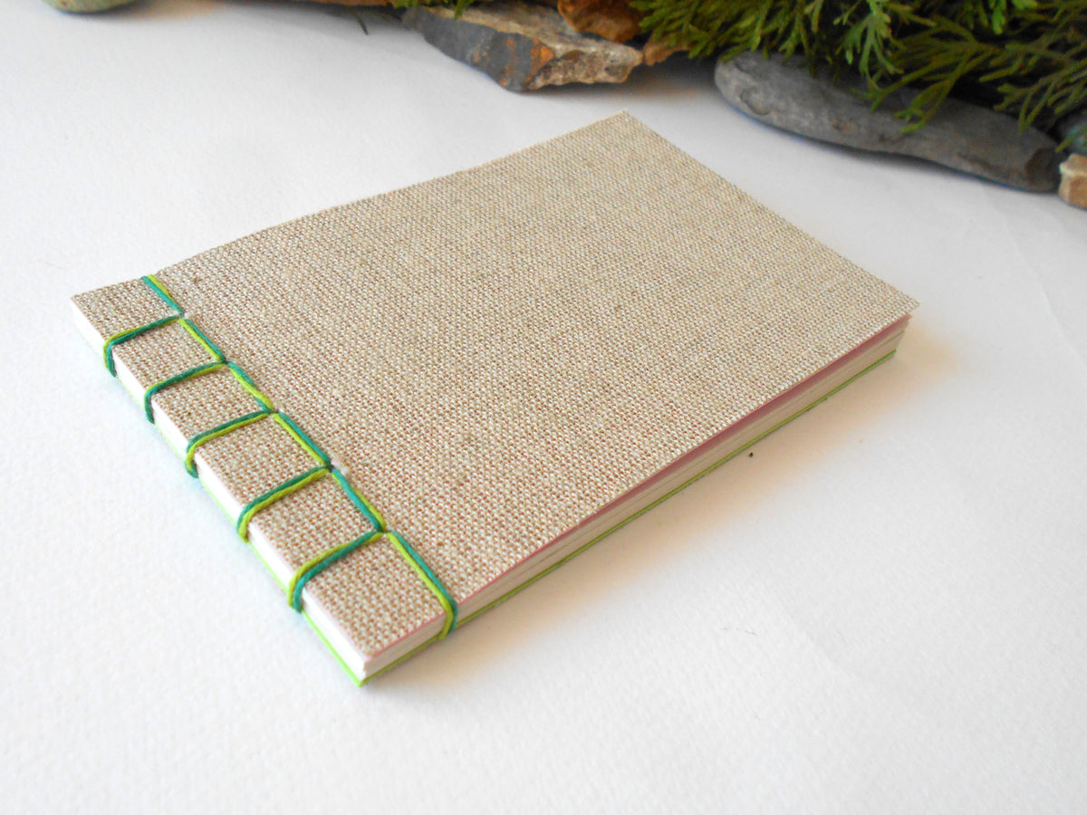 Handmade pocket sketchbook- eco-friendly linen fabrics pocket journals- Hemp cord binding and 100% recycled pages