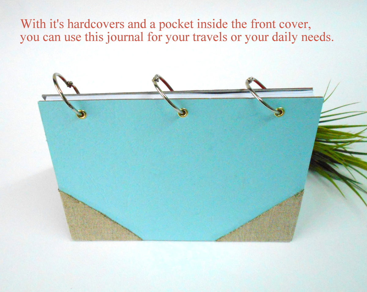 Personilized travel journal with a pocket on the inside cover- 100% recycled pages- 80 gsm.- Turquoise refillable journal- eco-friendly blank book for writers, artists or teachers