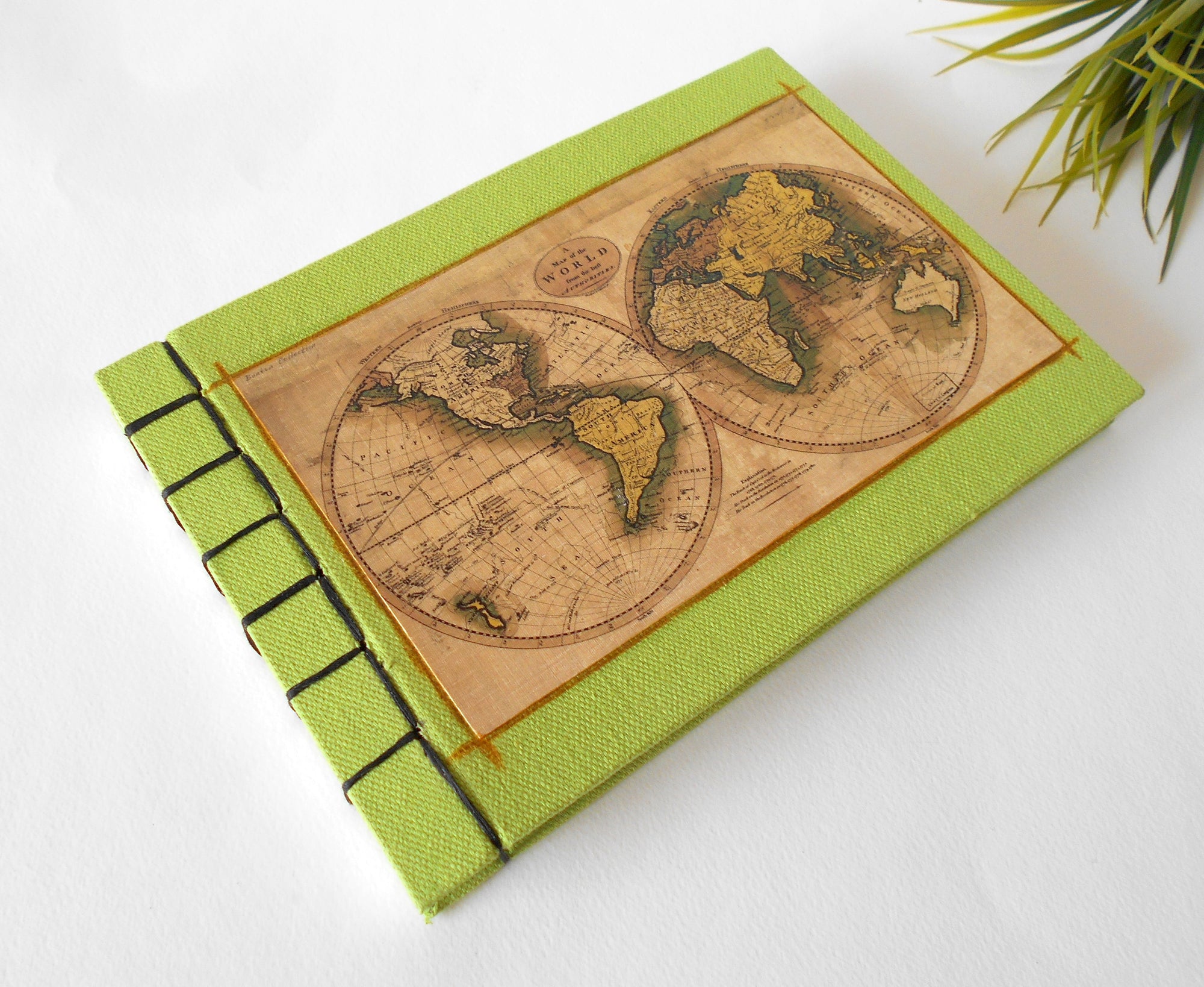Map sketchbook journal- antique world map- 100% recycled pages- eco-friendly burlap fabric journal- journal with Hemp stab binding & green burlap