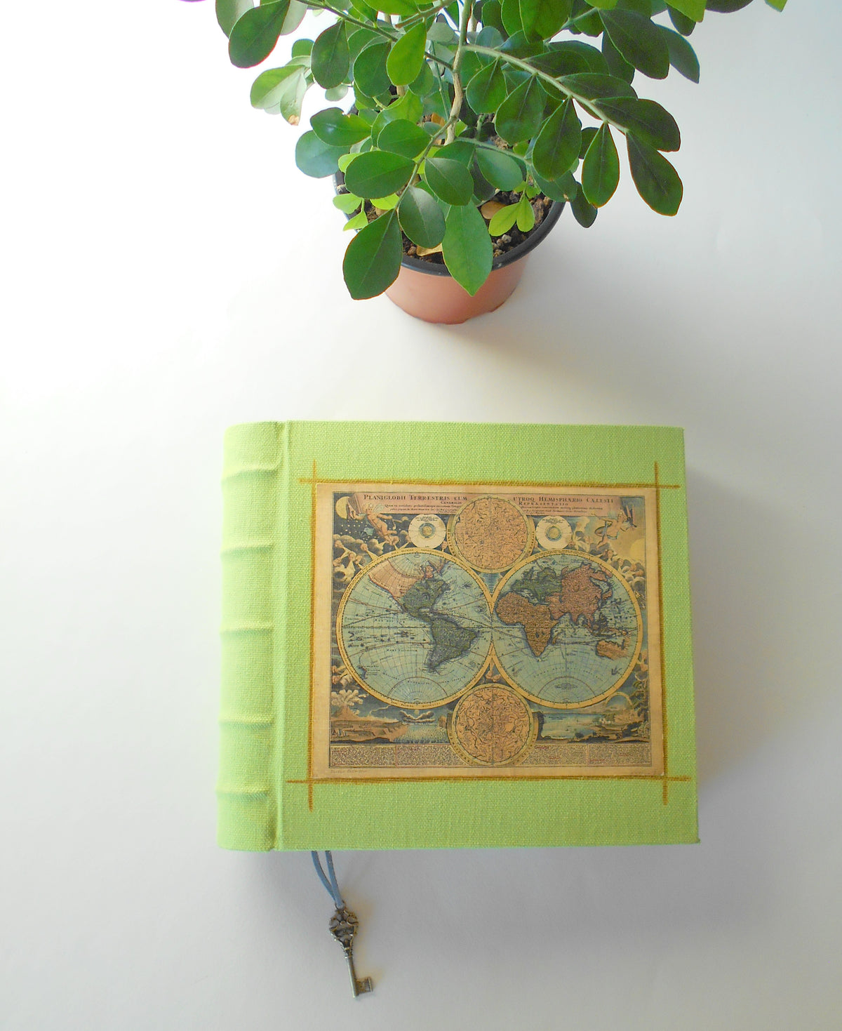 Map journal made from organic linen fabric, hardcover journal with a key bookmark, 100% recycled coffee colored sheets- Ecofriendly journal