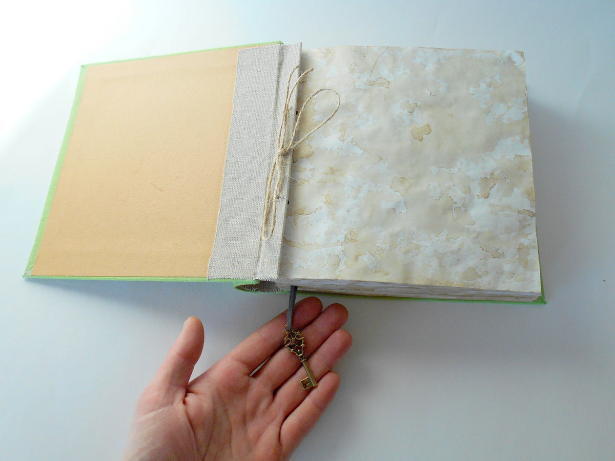 Map journal made from organic linen fabric, hardcover journal with a key bookmark, 100% recycled coffee colored sheets- Ecofriendly journal