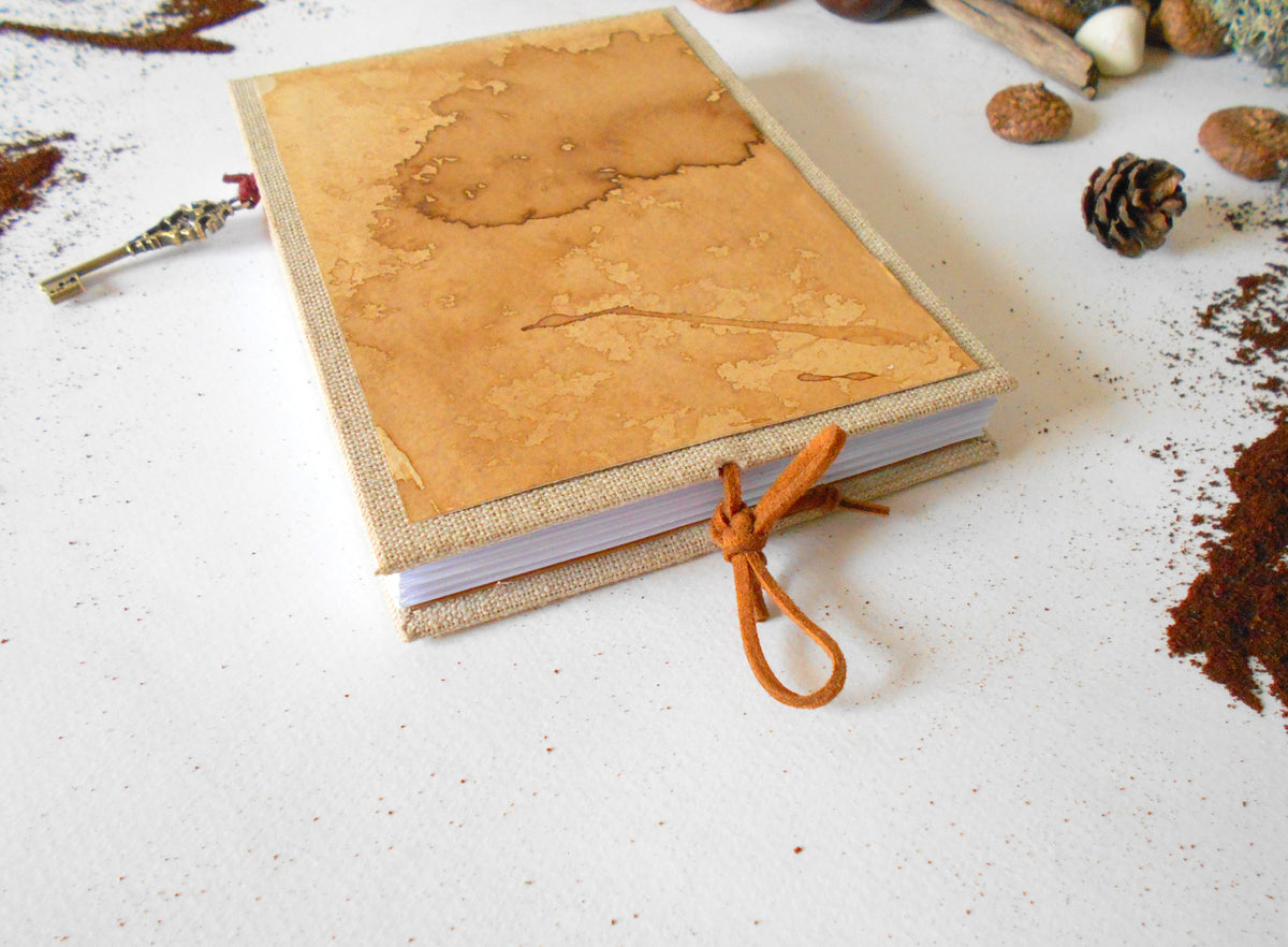 Coffee burlap travel journal with hardcovers and key bookmark- 100% recycled pages- custom handmade journal- Eco friendly