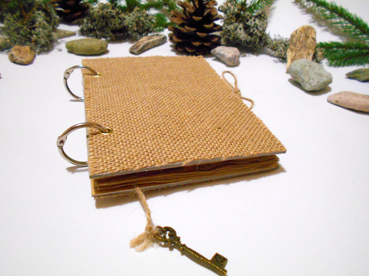 Burlap travel journal with refillable ring binding- 100% recycled coffee pages- key bookmark- personalized refillable rustic journal