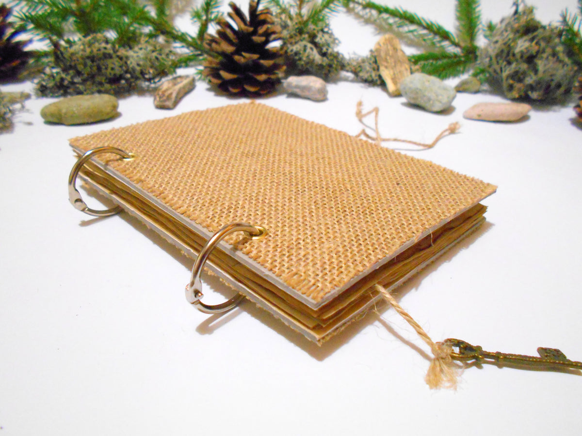 Burlap travel journal with refillable ring binding- 100% recycled coffee pages- key bookmark- personalized refillable rustic journal