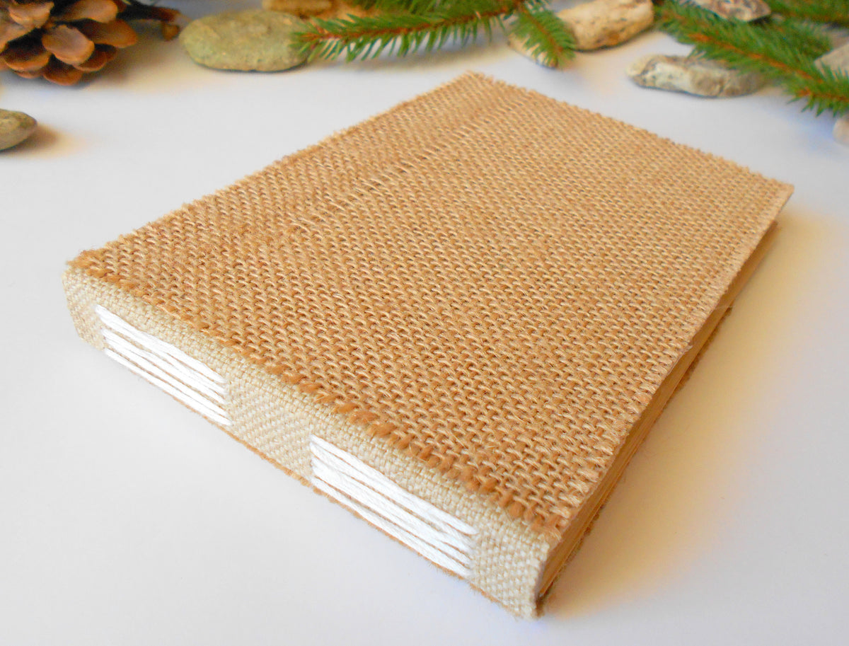 Handmade sketchbook with burlap hardcovers- Rustic wedding book- 100% recycled pages- custom burlap journal- Eco friendly sketchbook