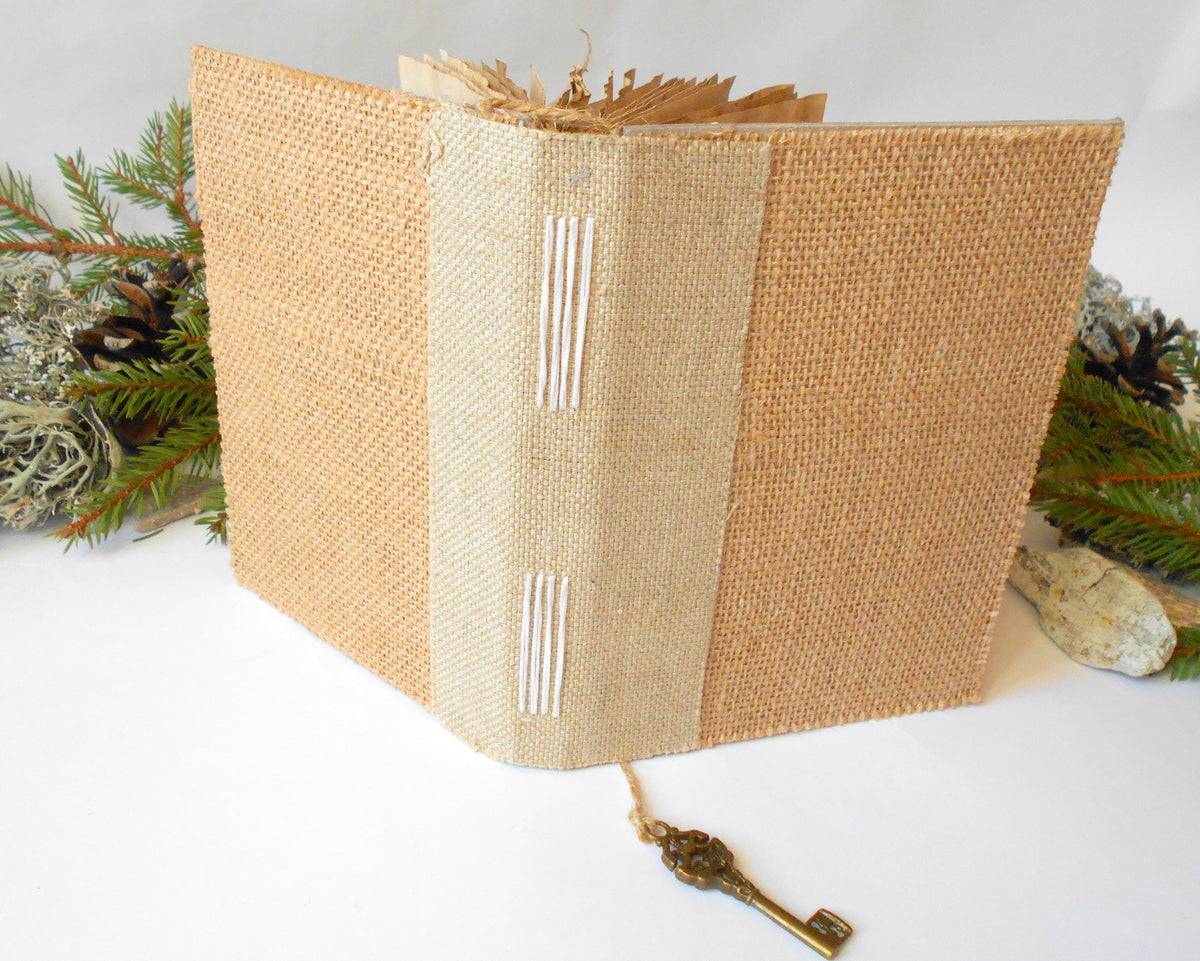 Handmade travel journal with burlap hardcovers and key bookmark- blank book with 100 pages of 100% recycled paper- Eco-friendly rustic journal