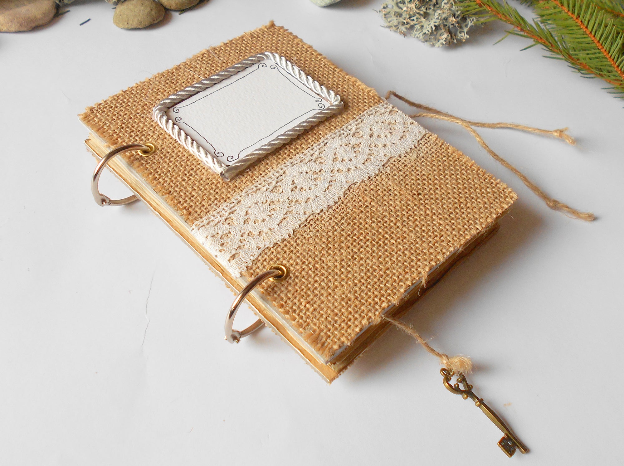 Handmade wedding Burlap journal with refillable ring binding- 100% recycled coffee pages- key bookmark- personalized refillable rustic blank journal- eco-friendly gift