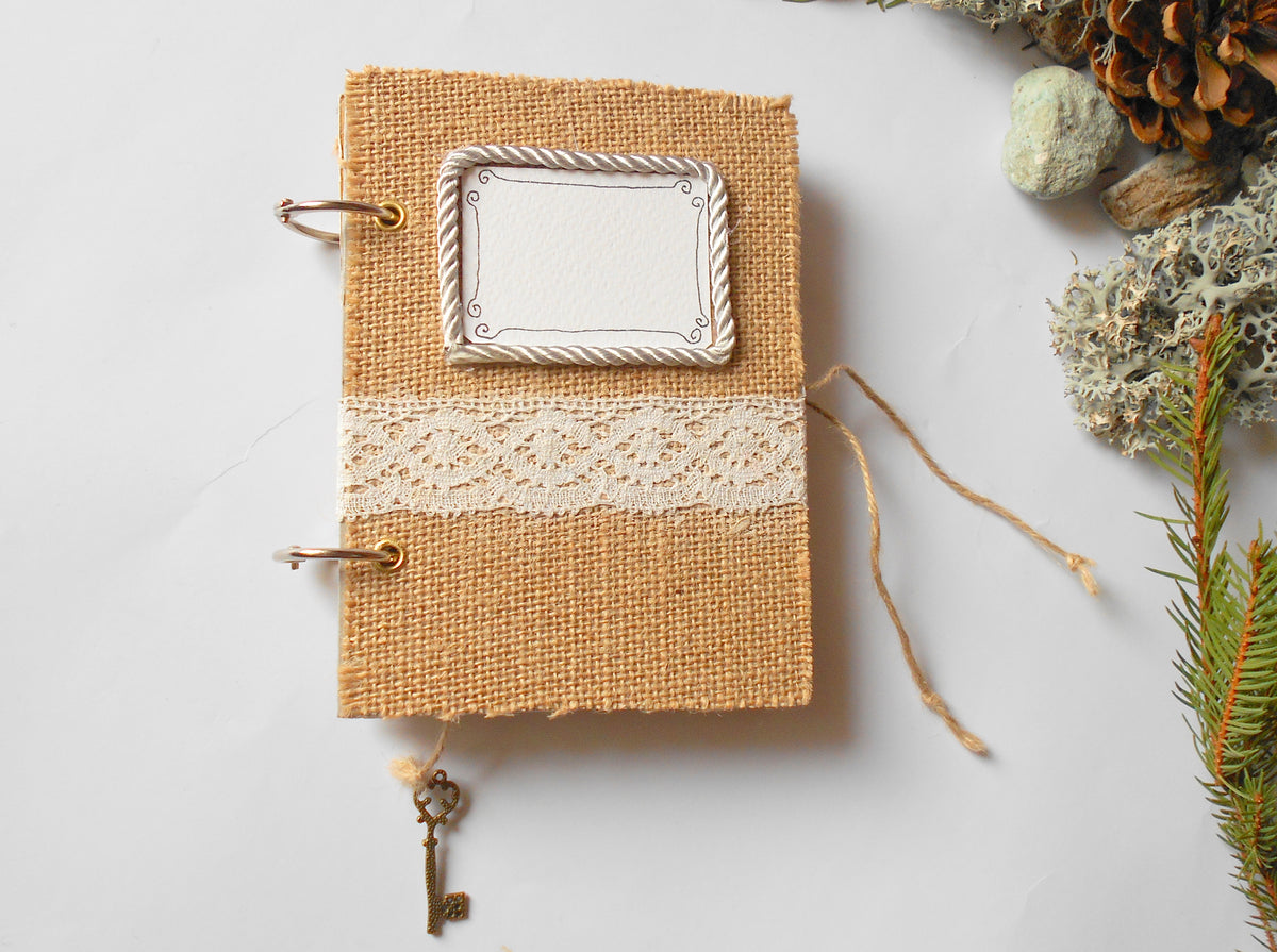 Handmade wedding Burlap journal with refillable ring binding- 100% recycled coffee pages- key bookmark- personalized refillable rustic blank journal- eco-friendly gift