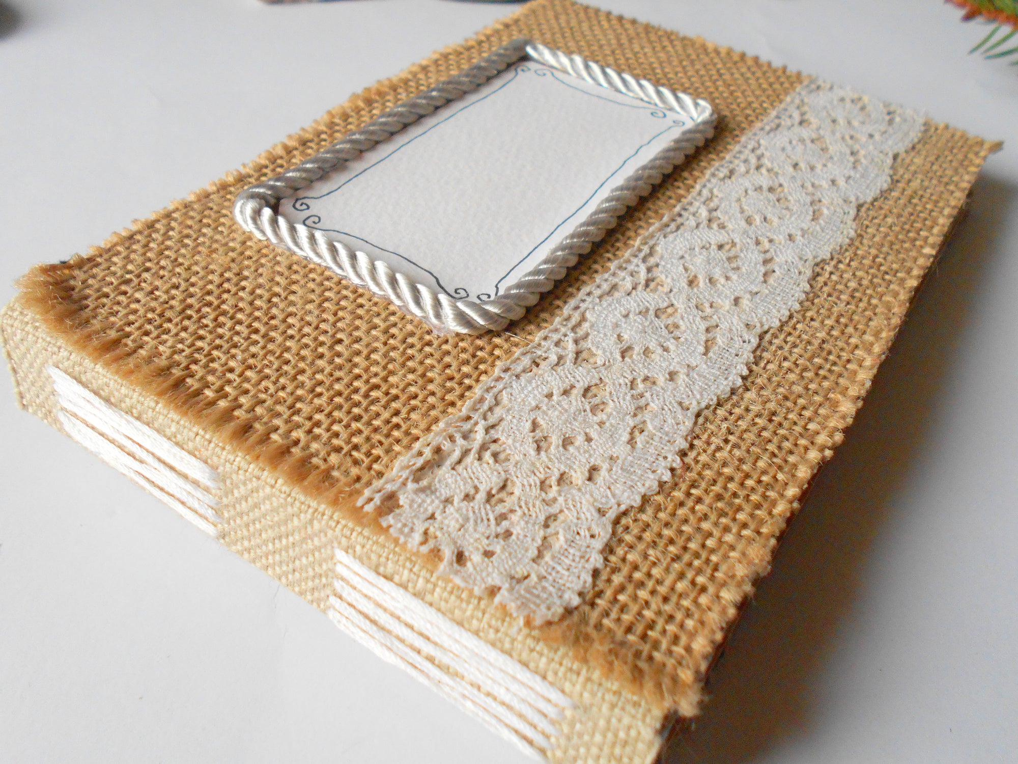 Handmade wedding Guest book- Rustic burlap journal- burlap fabric sketchbook with -100% recycled page sheets- custom burlap journal- Eco friendly blank guestbook