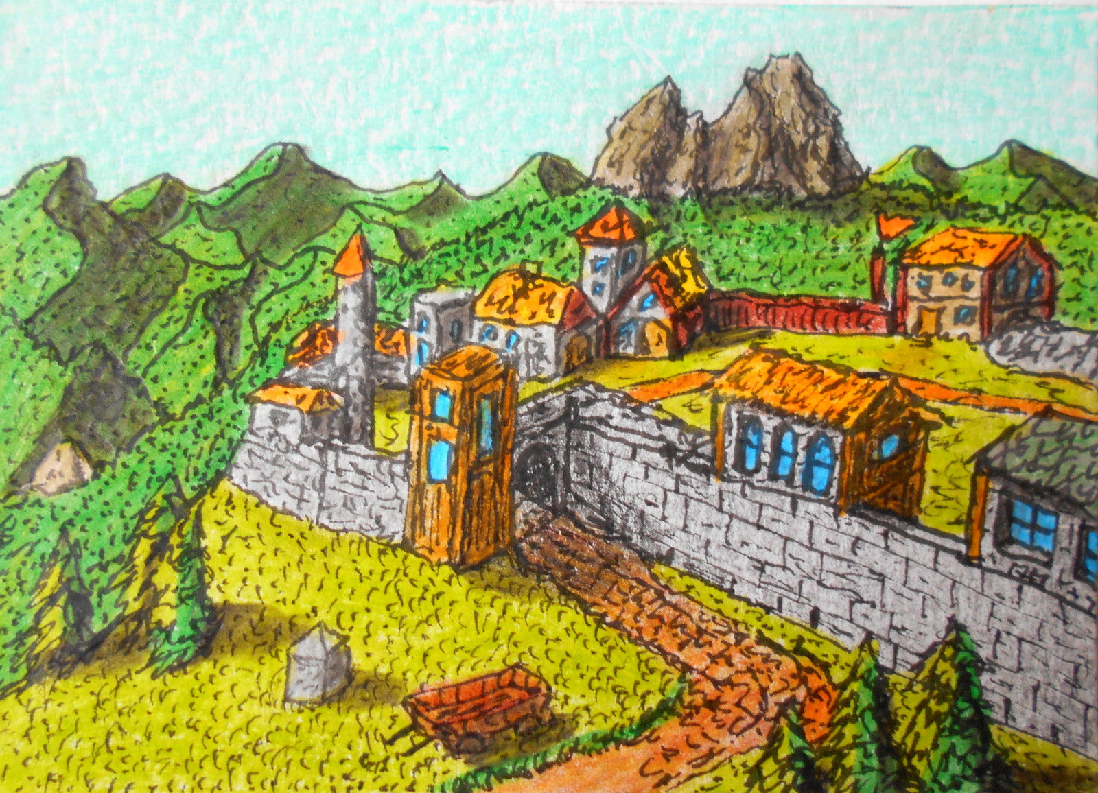 Fantasy Art print- castle drawing print "Kvaldaruul Hights South Gates"- battle fort art- signed by author Hristo Hvoynev