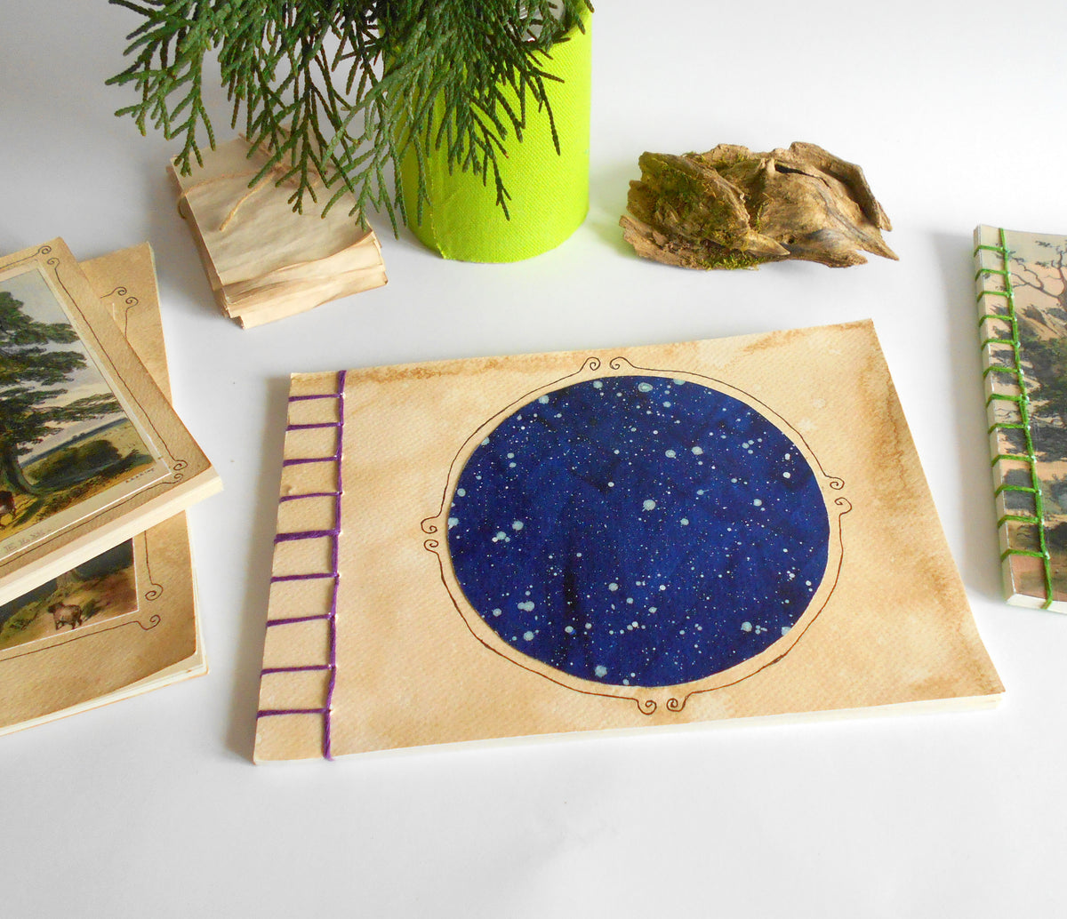 Travel journal with Star Sky handmade art- stab binding and soft covers- custom Hemp cord color- handmade sketchbook with 100% recycled pages- Eco-friendly Inactive