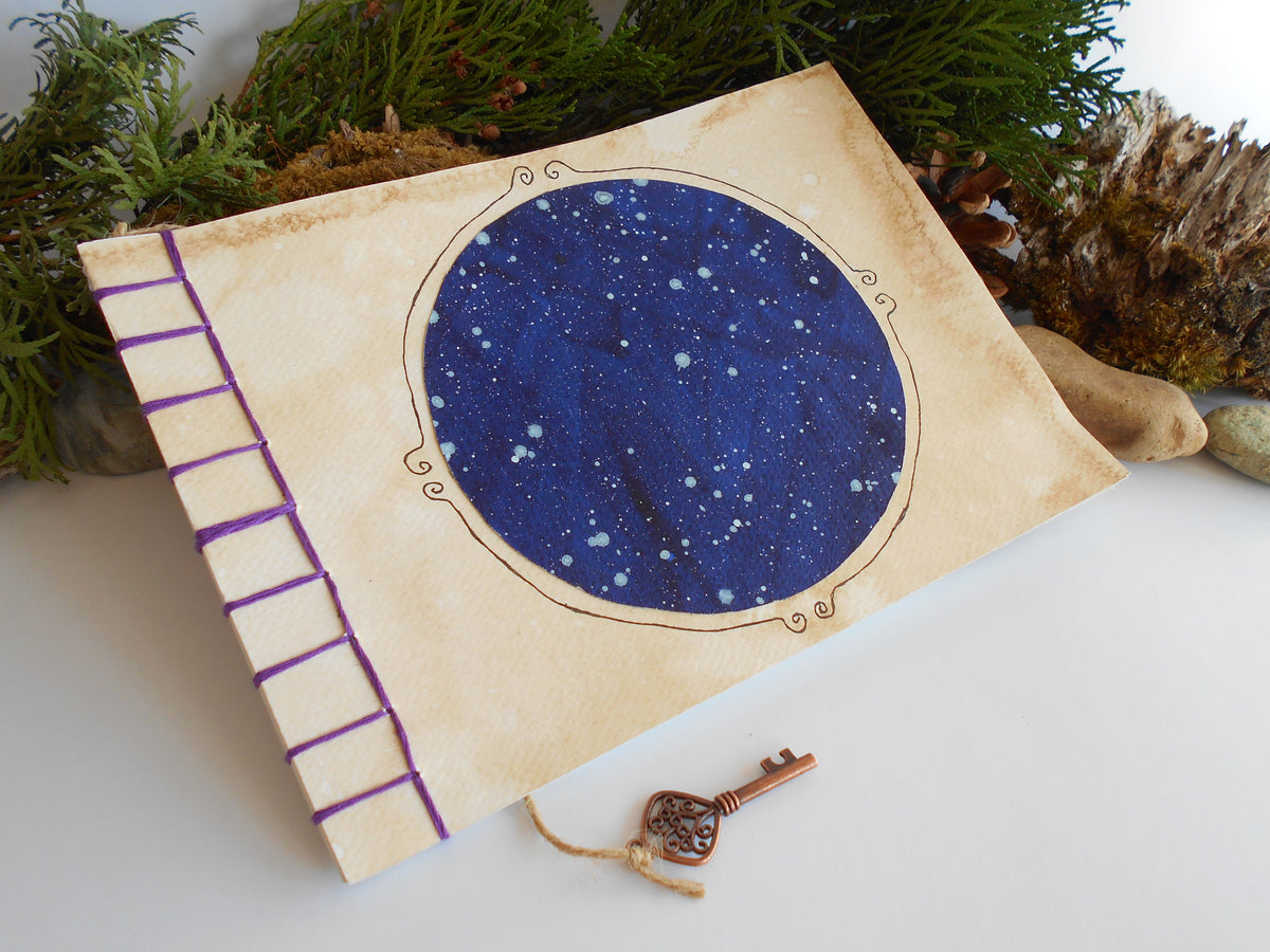 Travel journal with Star Sky handmade art- stab binding and soft covers- custom Hemp cord color- handmade sketchbook with 100% recycled pages- Eco-friendly Inactive