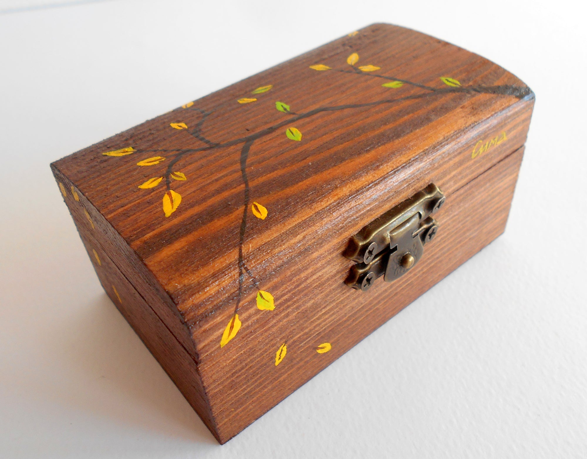 Autumn leaves art wooden ring box- acrylic painted rectangular box- wooden box with bronze colored hinges- fir tree wood box- Fall theme