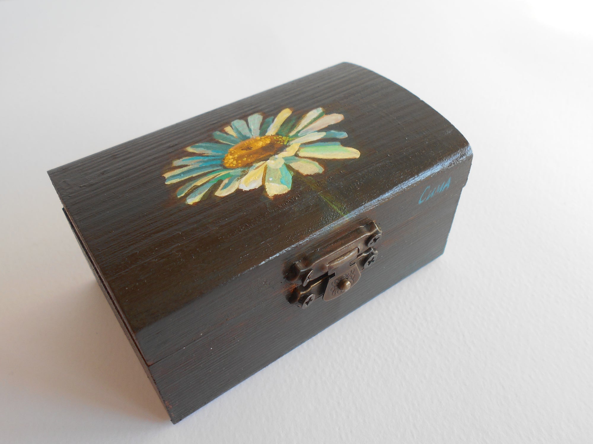 Flower art wooden ring box- acrylic painted rectangular box- wooden box with bronze colored hinges- fir tree wood box