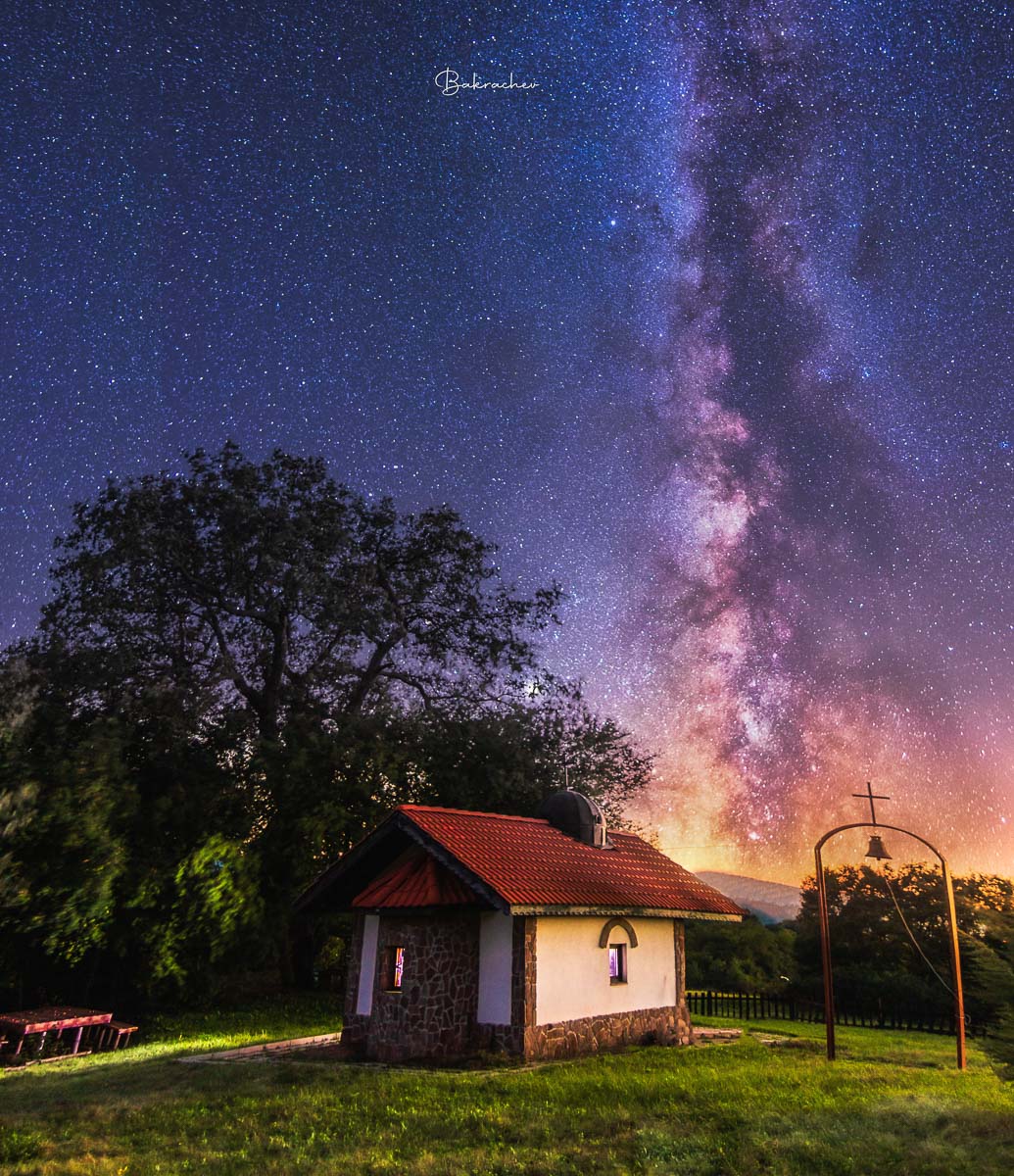Mountain Nature Photography wall art print- Star Sky of The Milky Way- Bulgarian landscape- The chapel in the village of Ezdimirtsi near the town of Trun