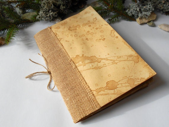Custom notebook journal with burlap fabric spine and recycled coffee pages and covers- 100% recycled coffee pages- rustic refillable notebook