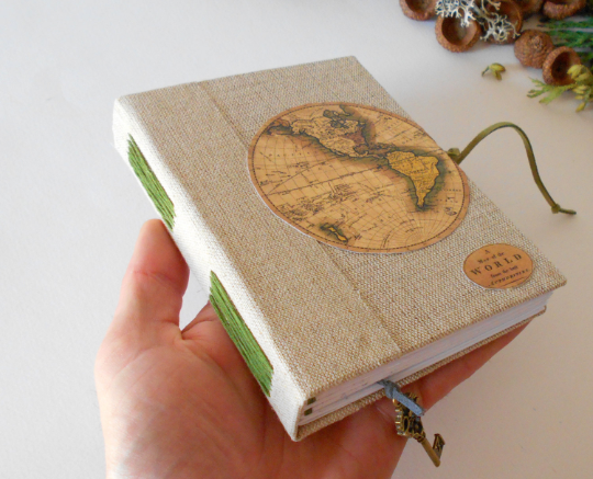 World map handmade journal with rustic fabric hardcovers- Eco-friendly map sketchbook with 100% recycled pages- Burlap fabric travel journal