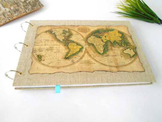 Handmade world map sketchbook journal- refillable journal with 100% recycled pages-old world map sketchbook with burlap fabric harcovers and a bookmark