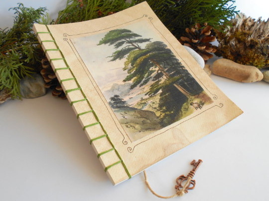 Handmade travel notebook journal with Tree Art- stab binding and soft covers- custom thread colors- sketchbook with 100% recycled pages- Ecofriendly artist gift